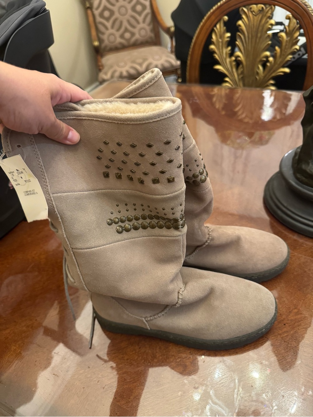 BearPaw Taupe Studded Faux-Shearling Mid-Calf Boots